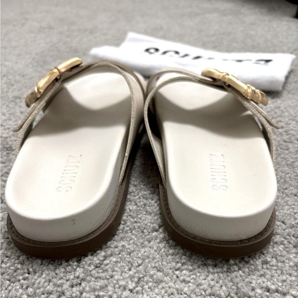 Schutz Enola Crisscross Buckle Leather Sandals White Gold buckle slides Size 7.5 - Picture 5 of 11